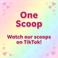One Scoop graphic with berry-pink lettering, hearts, and sparkles