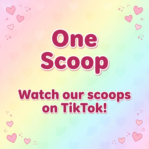 One Scoop graphic with berry-pink lettering, hearts, and sparkles